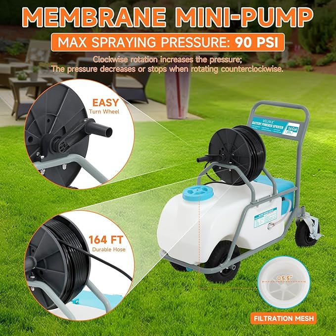 16 Gallon Battery Powered Sprayer,90 PSI Electric Pump,6 Hours Long Battery Life,12V 8Ah Battery,Adjustable HD Wand and 10 Nozzles,Portable Sprayer with Wheels for Lawn & Garden Spraying, Cleaning