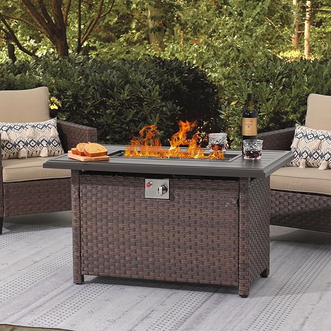 SUNSITT Outdoor Fire Pit Table 43 Inch Wicker Propane Fire Pit with Aluminum Tabletop 50,000 BTU Gas Firepit with Fire Glass, Lid, Cover, Brown Rattan
