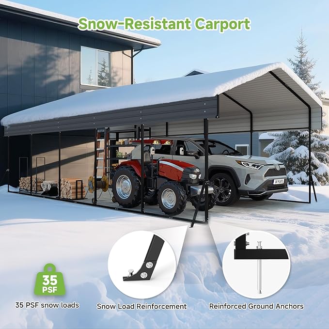 Real Relax 13' x 26' Metal Carport, Heavy Duty Carport with Galvanized Steel Roof with Metal Frame, Extra Long Outdoor Garage Car Shelter Shade for SUV Trucks and Boats, Gray