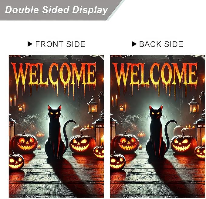 Garden Flags 12x18 Inch Halloween Black Cat Welcome Banner Pumpkin Lantern Spooky Night Yard Decoration for Porch Outdoor Lawn Garden Party Fall Decor Sign