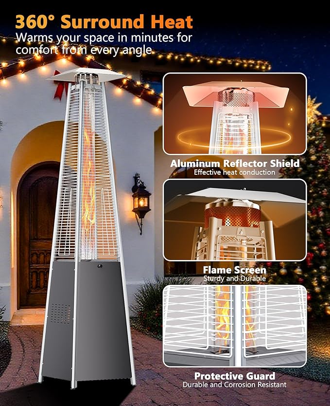 Pyramid Patio Heater for Large Area, 48,000 BTU Rapid Heating Outdoor Propane Heater With Wheels and Weatherproof Cover, Triple Protection System for Patio, Backyard, Garden, Pool