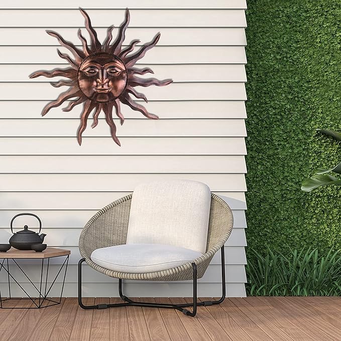 VZVXCC Large Metal Sun Wall Art Decor- 30 inches Sun Wall Hanging Decoration for Indoor Outdoor, 3D Sunshine Face Metal Wall Sculpture for Home Bedroom Living Room Office Garden Yard Patio(Bronze)