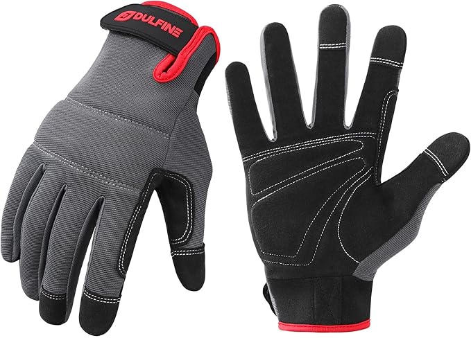 DULFINE Flex Grip Mechanic Work Gloves for Men,Black and Red Utility Safety Working Gloves Touch Screen,Excellent Grip,Ideal for Working on Cars and Outdoor Jobs(Small)