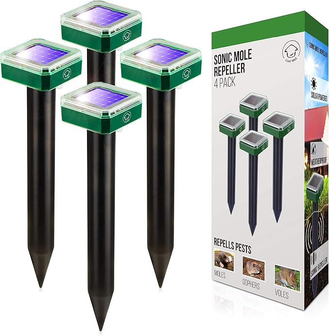 Livin' Well Solar Sonic Pest Repeller Stakes - 4pk Outdoor Pest Repellent with 5,000 Feet Range, Solar Powered Animal Control, Rodent Repellent and Deterrent for Mole, Vole, Gopher