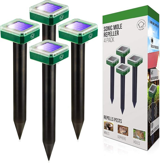 Livin' Well Solar Sonic Pest Repeller Stakes - 4pk Outdoor Pest Repellent with 5,000 Feet Range, Solar Powered Animal Control, Rodent Repellent and Deterrent for Mole, Vole, Gopher
