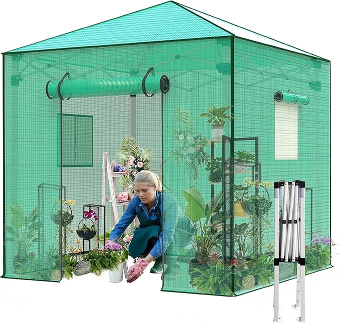 8x8 FT Portable Walk-in Greenhouse with 2 Mesh Roll-Up Windows & Roll-up Zipper Door - Easy Setup for Indoor/Outdoor Gardens, PE Cover, Green