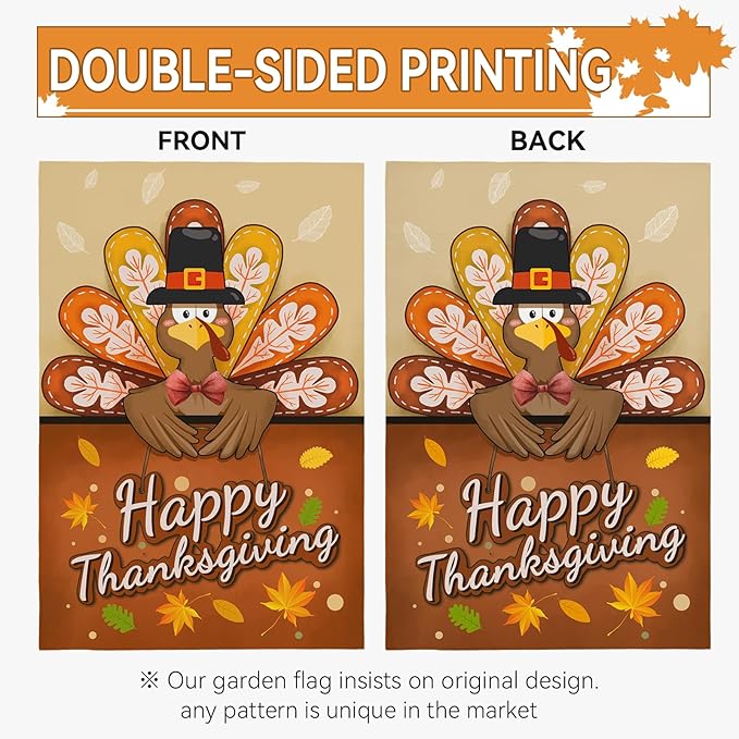 Happy Thanksgiving Garden Flag Turkey Thankful Fall Yard Flag Autumn Happy Harvest Garden Flags Double Sided Yard Decorations Holiday Outdoor Flag 12x18 Inch