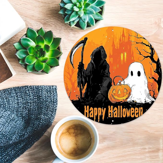 PEACHGARDEN Happy Halloween Round Metal Tin Sign Gothic Decor Vintage Wall Art Retro 12x12inch