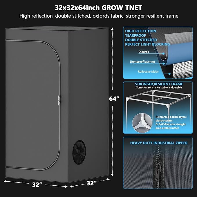 Upgrade Integrated Auto Grow Tent Kit Complete Kit, S1000 LED Grow Light, 32"x32"x64" Grow Tent, 4“ Ventilation with Inline Fan, Carbon Filter, Irrigation Kit, Humidifier and Clip Fan