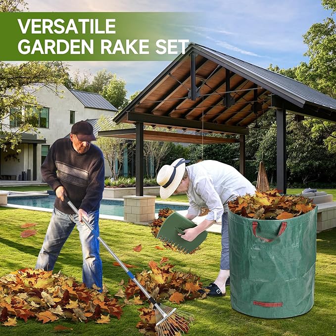 Metal Leaf Rake with Adjustable Handle,SAN LIKE 68 inch Garden Rake Set with 32 Gallon Leaf Bags Leaf Scoops,Heavy Duty Yard Rakes for Gardening Lawns Yard Outdoor Camping