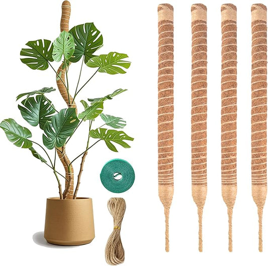 4 Pack Bendable Moss Pole 20 Inch, Monstera Plant Support Stake,Coco Coir Pole Sticks for Indoor Plants,Climbing Potted Plants，Pothos, Philodendron with Plants Ties