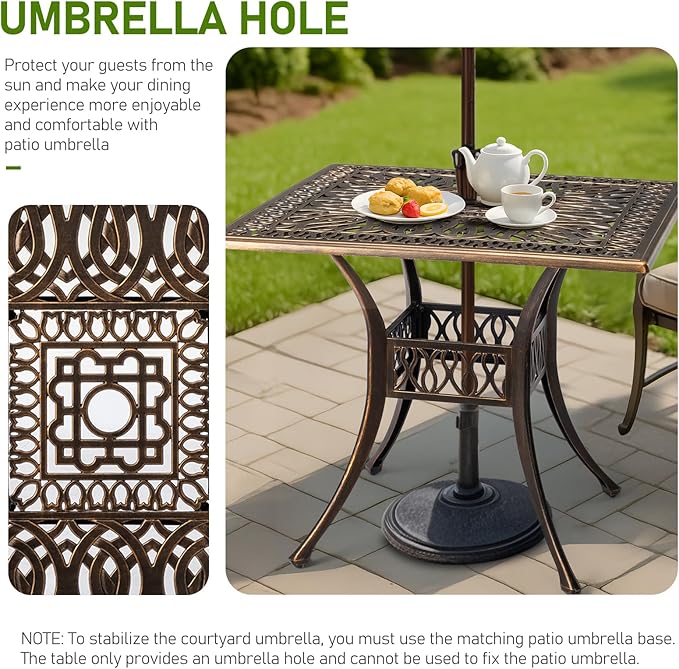Outvita Patio Side Table, 35.4in Outdoor Square Cast Aluminum Bistro Table with Umbrella Hole and Antique Design for Backyard Porch Pool Balcony Deck Bronze