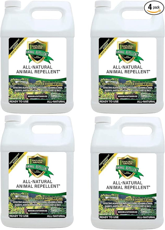 Natural Armor Animal & Rodent Repellent Spray. Repels Skunks, Raccoons, Rats, Mice, Deer Rodents & Critters. Repeller & Deterrent in Powerful Peppermint Formula – 128 Fl Oz Gallon Refill Case of 4