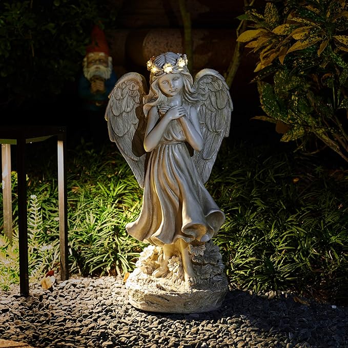 Garden Angel Figurines, Light Up Praying Angel Statues Outdoor Statue with Solar LED Lights for Patio, Lawn, Cemetary Grave Decoration, Sympathy Gift, 16.9" H