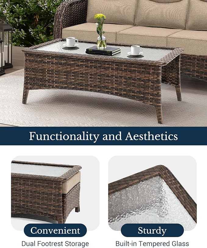 HILLGA Luxury High Back Patio Furniture Set with 6-Inch Thick Cushion, 6-Piece Outdoor Conversation Set with Sofa, Swivel Rocker Chairs & Ottomans, Ideal for Porch Pool Deck Yard (Beige)