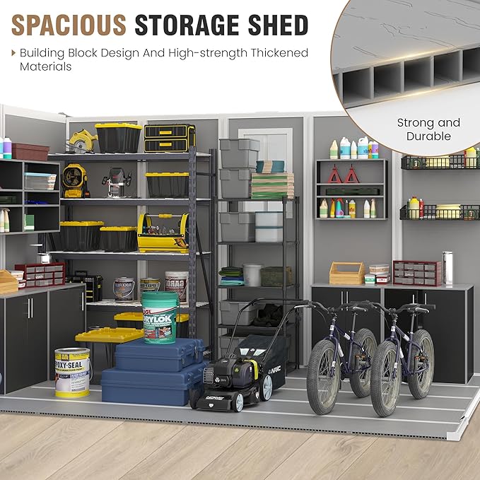 Outdoor Storage Shed, 8x10 FT Resin Shed with Floor and Lockable Door, Window & Vents, Tool Sheds and Outdoor Storage for Bike, Tools, Garden Accessories, Waterproof Grey & White