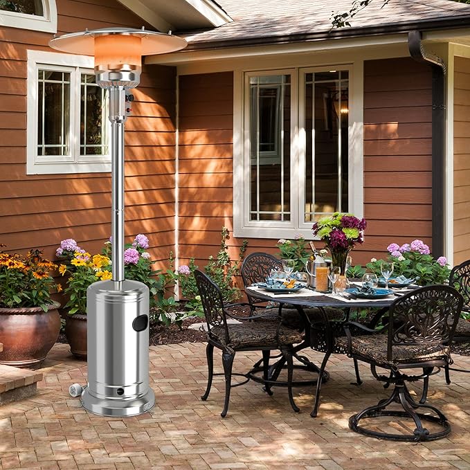 COSTWAY Outdoor Patio Heater, 50000 BTU Propane Heater with Stainless Steel Burner and Wheels, Triple Protection System, Standing Portable Outside Heater for Porch, Deck, Home and Commercial