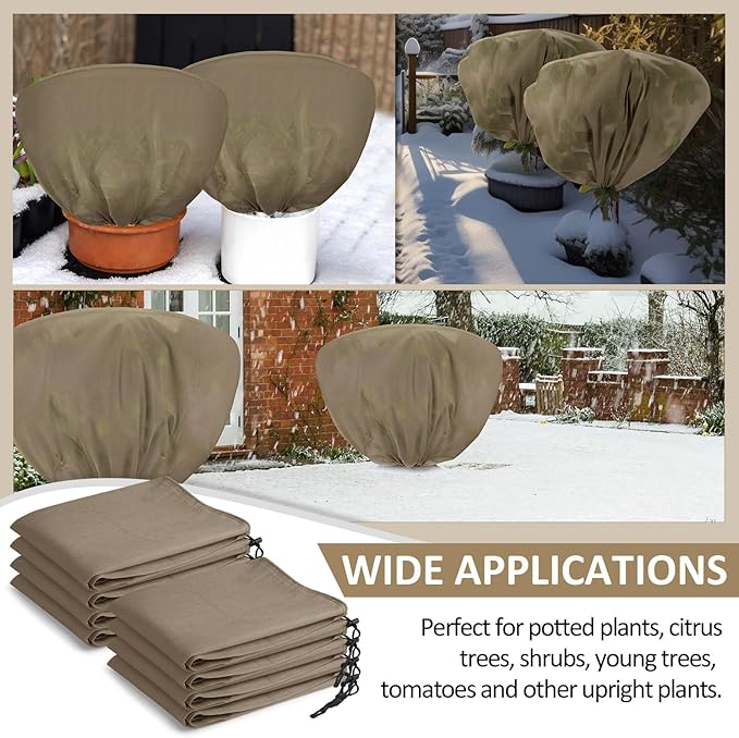 6 Pcs Winter Plant Covers Freeze Protection 39.4x23.6 Inch Horizontal Shrub Tree Rose Plant Protection Bags Frost Blanket with Drawstring for Fall Winter Outdoor Garden Planting (Brown)