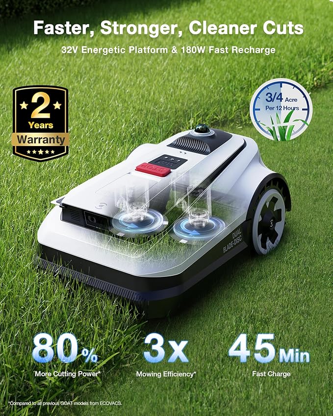 ECOVACS Goat A3000 LiDAR Robot Lawn Mower, Dual-LiDAR Navigation,Suitable for 3/4 Acre, 13” Cutting Width, 45min Fast Charging, Precise Edge Mowing, Smart Lawn Mower for Large Garden