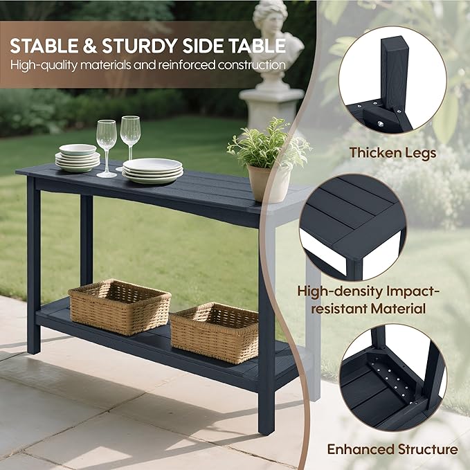Weatherproof HIPS Outdoor Console Table, 48'' 2-Shelf SideTable Indoor/Outdoor Use, Multifunctional Buffet Table Bar Storage Organizer for Entryway,Yard, Patio, Outside Plant Stand Table, Black