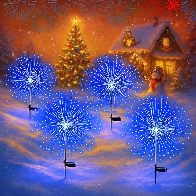 4 Pcs Halloween Solar Lights Outdoor Christmas Firework Light 180 LEDs 8 Modes Waterproof Sparkler Yard Decoration Stake Landscape Decorative for Garden Driveway Walkway Pathway Lawn (Blue)