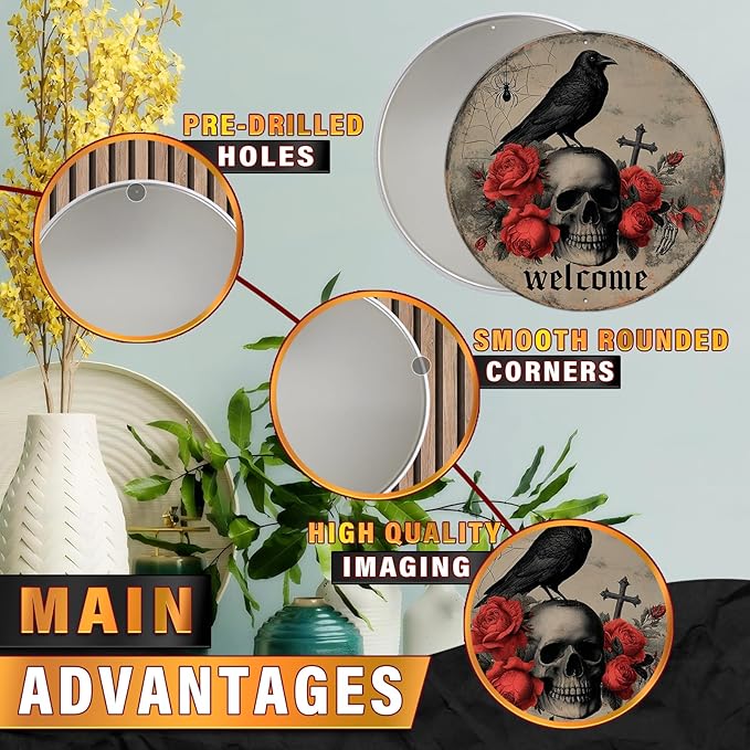 PEACHGARDEN Halloween Skull Crow Metal Tin Sign Vintage Gothic Skeleton Decor Spooky Welcome Door Plaque Retro Wall Art Iron Painting for Home Bar Pub 8x8inch