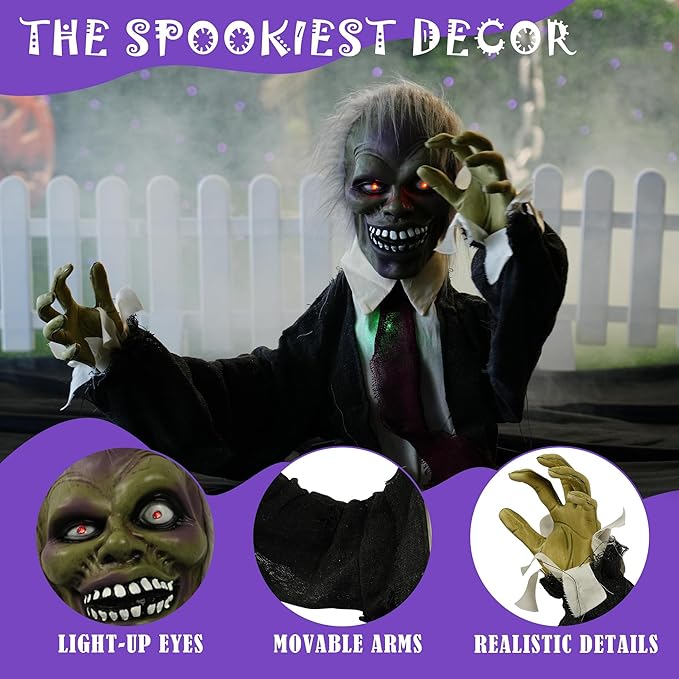 Hourleey Halloween Decorations Outdoor, Animated Scary Zombie Groundbreaker with Creepy Sound, Animatronics Glowing Eyes Zombie Props for Outside Graveyard Lawn Yard Haunted House Decor