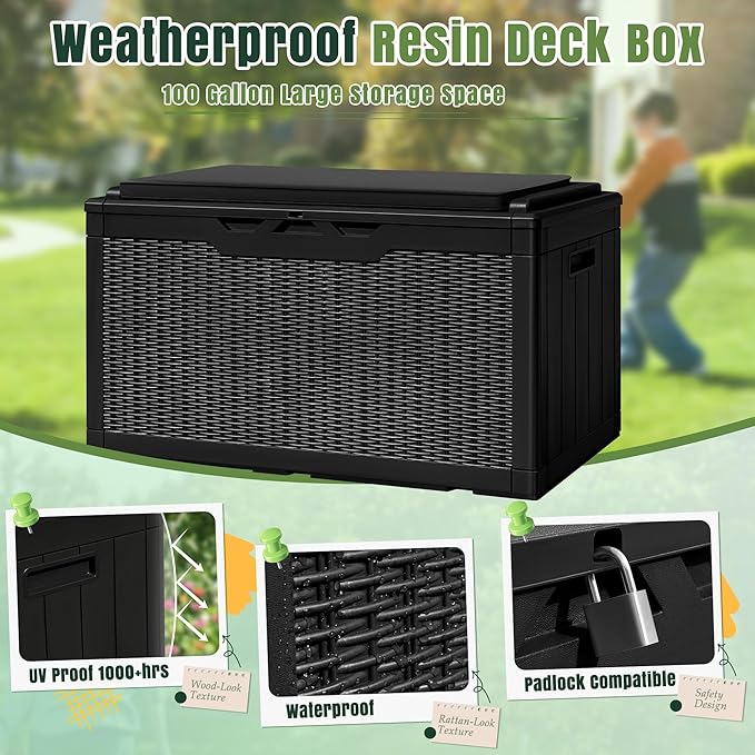 Greesum 100 Gallon Resin Deck Box Large Outdoor Storage with Cushions for Patio Furniture, Garden Tools, Pool Supplies, Weatherproof and UV Resistant, Lockable, Black