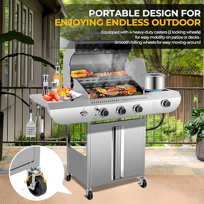3-Burner Propane Gas Grill with Side Burner – 34,000 BTU Stainless Steel Outdoor BBQ Grill, Cast Iron Grates, Portable with Wheels for Patio, Camping