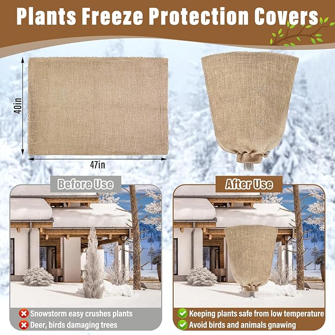 Riare 4 Packs 40 × 47 Inch Burlap Winter Plant Cover Bags with Drawstring- Reusable Large Burlap Sack Plant Frost Protector, Plant Frost Cloth Cold Tree Freeze Blanket for Outdoor Plants Fruit Shrubs