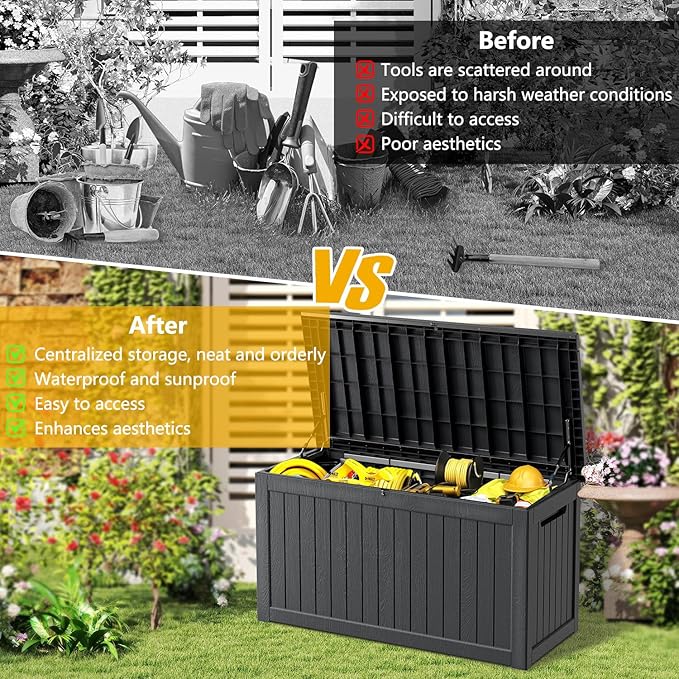 270 Gallon Deck Box, Resin Outdoor Indoor Waterproof Storage Box, Lockable Storage Box With Handle for Patio Furniture - Garden Tools - Swimming Pool Tools UV-Resistant - Black