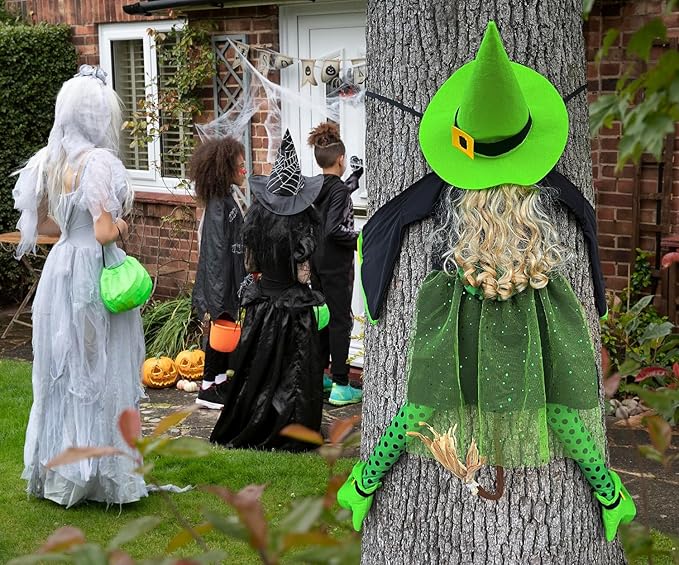 53" Halloween Crashing Witch Decoration – Green Flying Witch Tree Prop for Yard, Porch, Patio, Lawn – Funny Outdoor Halloween Decor for Garden, Fence, and Door