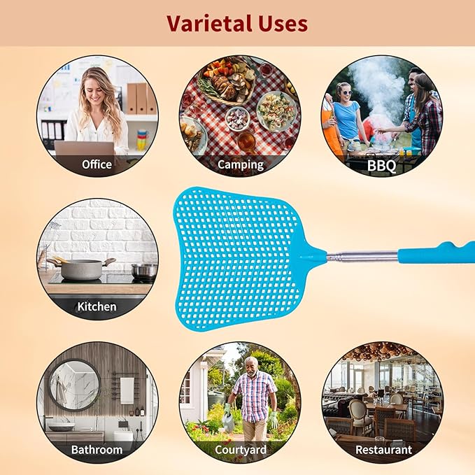 Fly Swatters 2 Pack, Durable Telescopic Stainless Steel Handle, Heavy Duty Blue Bug Zapper Racket, Upgraded Plastic Fly Swatter Set for Indoor Outdoor Home Hiking Camping Garden