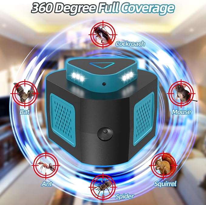 2025 360°Ultrasonic Pest Repellent Plug in,Indoor Pest Control for Rodent Mice Rat Spider Ant Bug Squirrel Bats Roach,4 Mode Switching Mouse Repellent Device for Basement House Garage Kitchen(2pcak)