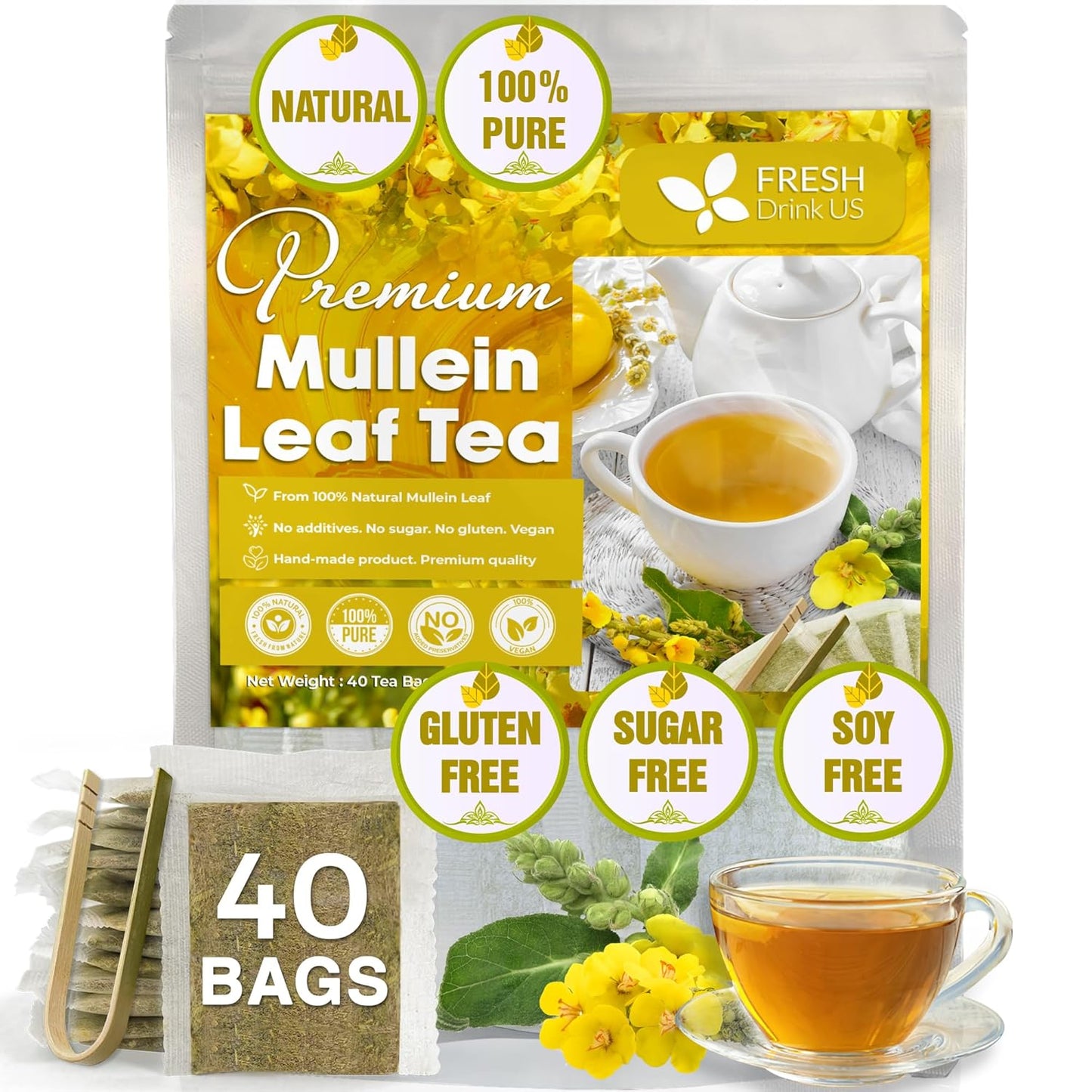 FreshDrinkUS, Premium 40 Mullein Leaf Tea For Lungs, Great Lung Detox For Smokers, Handmade, 100% Natural & Pure, No Sugar, No Caffeine, No Gluten, Vegan