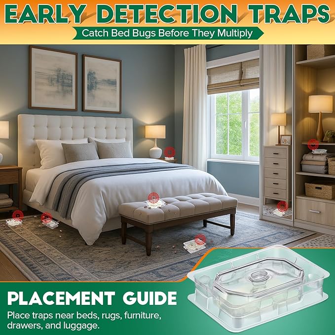 Qualirey 12 Set Bed Bug Detector & Trap, Bedbug Traps with Strong Glue, Bedbug Interceptors, Early Detection Glue Trap for Bed Legs, Indoor Pest Control Blocker for Home and Travel (Clear)