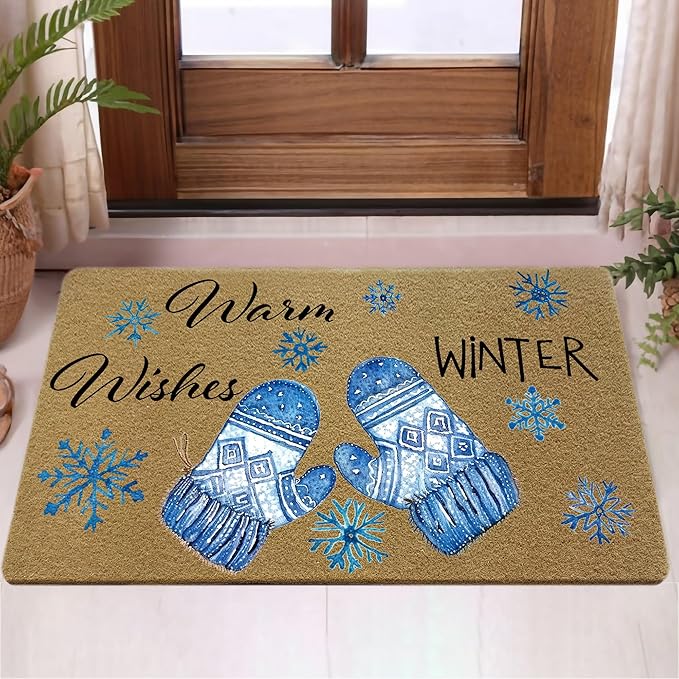 Winter Christmas Faux Coir Door Mats Outdoor, Winter Gloves Snowflake Door Mat for Home Outside Entryway, Warm Wishes Christmas Welcome Doormat for Indoor Outdoor Porch Entrance, 17x30 Inch
