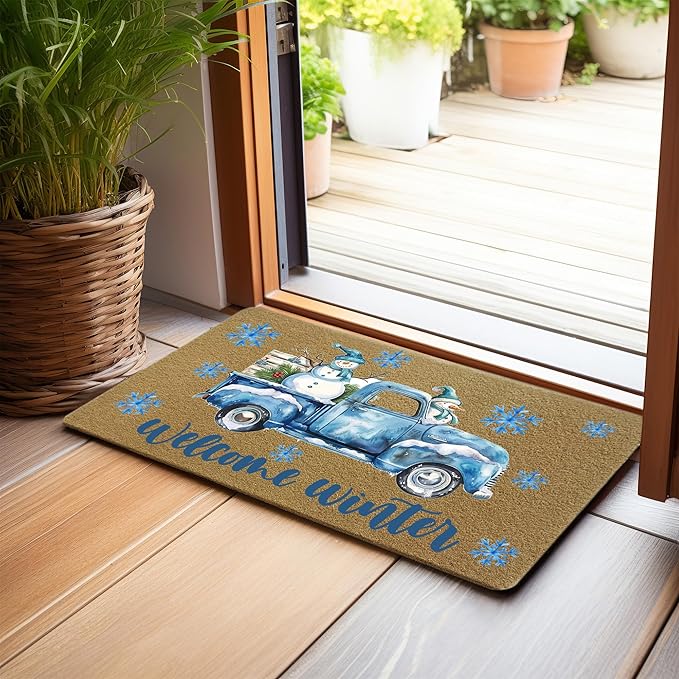 Winter Christmas Faux Coir Door Mats Outdoor, Winter Snowman Snowflake Door Mat for Home Outside Entryway, Blue Truck Christmas Welcome Doormat for Indoor Outdoor Porch Entrance, 17x30 Inch