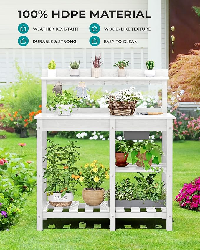SERWALL Potting Table for Outside All Weather Use- White