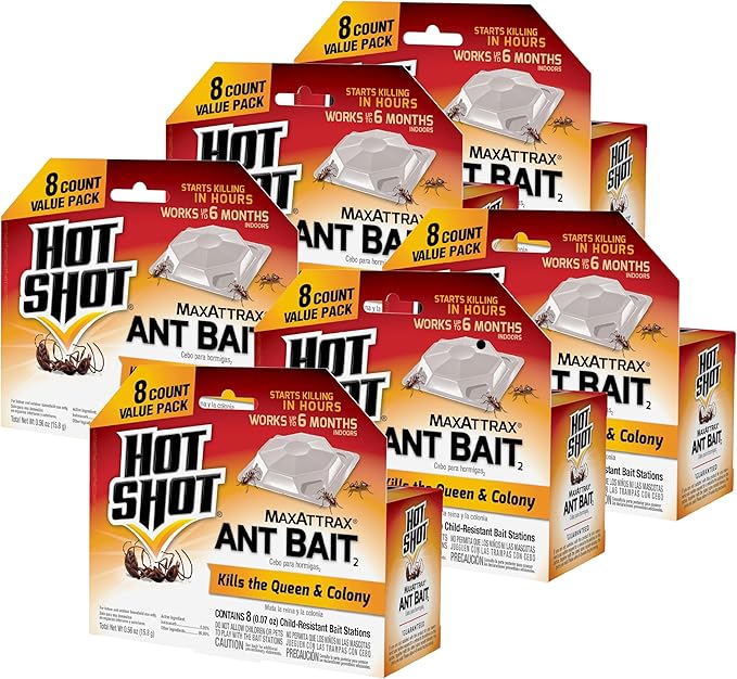Hot Shot MaxAttrax Ant Bait 8 Count, Child-Resistant Bait Stations, 6 Pack