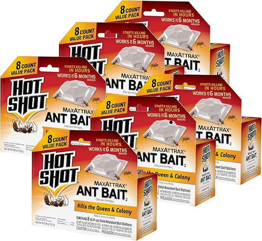 Hot Shot MaxAttrax Ant Bait 8 Count, Child-Resistant Bait Stations, 6 Pack