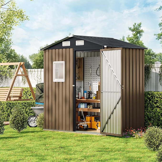 6X4FT Outdoor Steel Storage Shed with Lockable Doors, One Window,Ideal for Garden, Backyard, Patio Storage,Brown