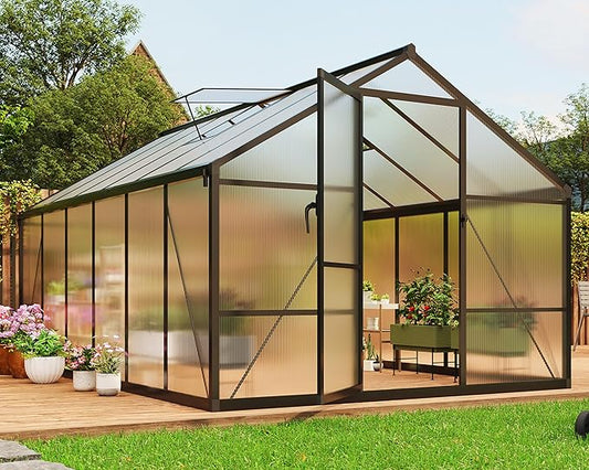 8 x 12 FT Greenhouse, Greenhouses for Outside, Polycarbonate Greenhouse with Aluminum Frame, Lockable Door and Ajustable Roof Vent for Backyard, Green Houses for Outside Garden Backyard, Patio