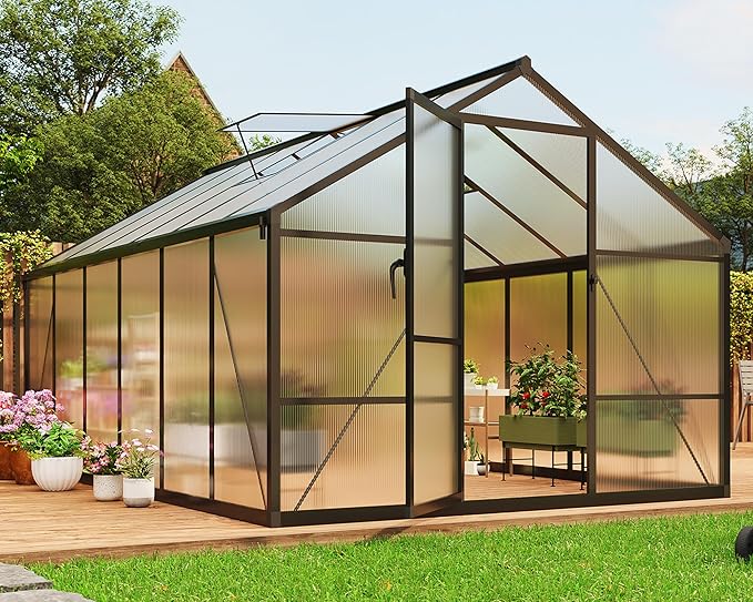 8x10 FT Walk in Greehouses for Outdoors, Sunroom with Roof Vent, Groud Nail, Lockable Push Door, Aluminum Frame and Poly Carbonate Material with Quick Setup Graden, Vegetable Garden and Leisure Room