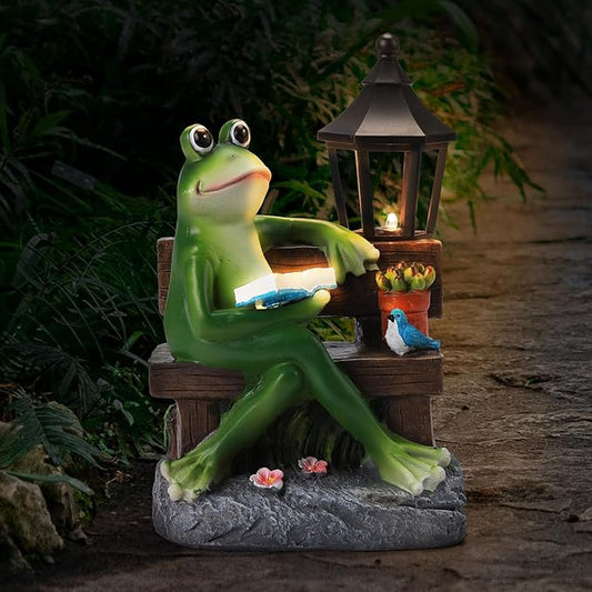 Outdoor Resin Frog Reading Statue, Solar-Powered Garden Decor, Art Deco Frog Sculpture for Mom, Grandma, Wife