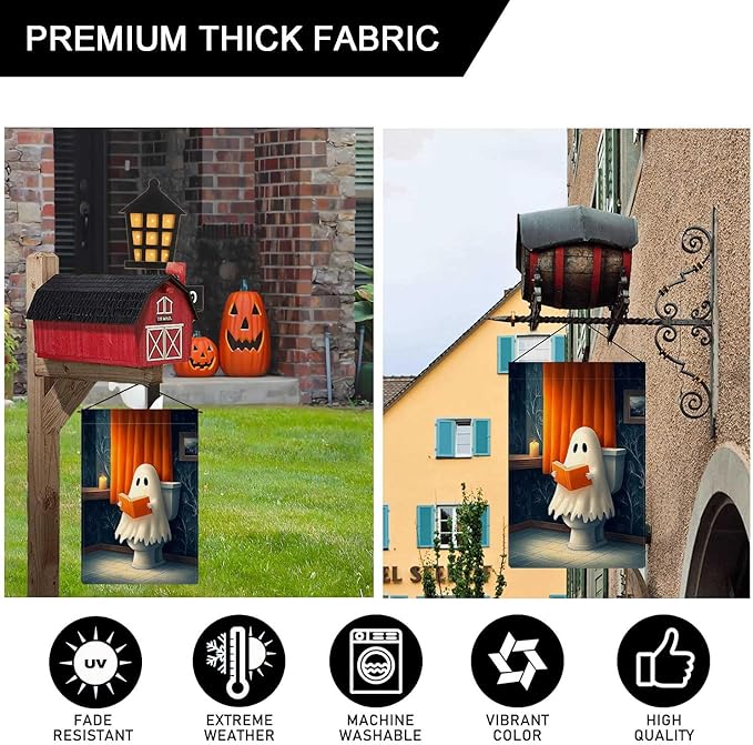 Vintage Cute Ghost Reading on Toilet Garden Flag Halloween Holiday Garden Flag Vertical Double Sided Rustic Farmland Burlap Yard Lawn Outdoor Decor 12.5x18"