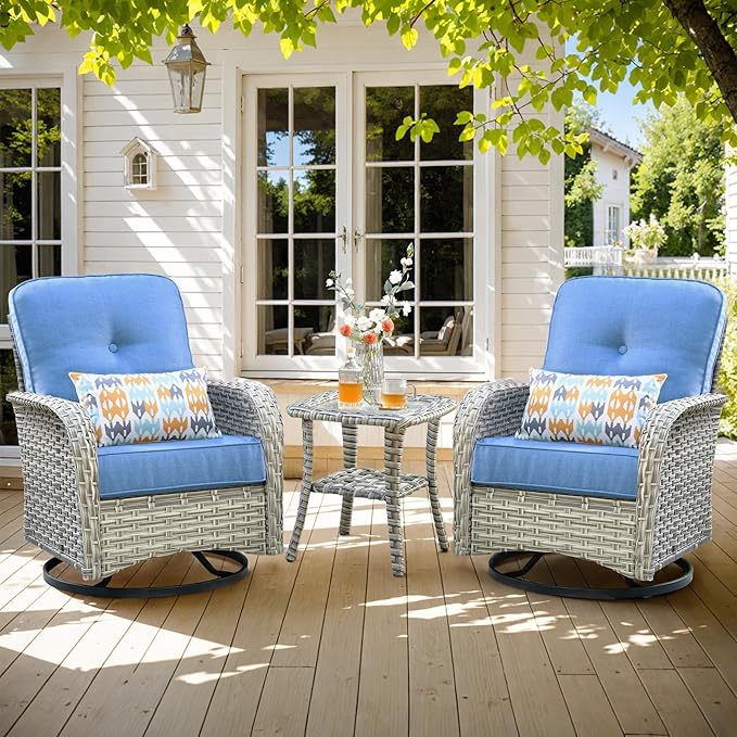 HOOOWOOO Outdoor Patio Bistro Set,3 Pieces Wicker Out Door Swivel Rocking Chair with Matching Side Table,Patio Furniture Sets,Blue