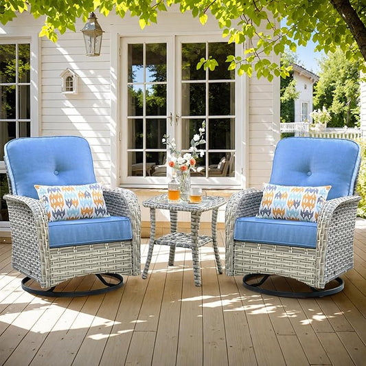 HOOOWOOO Outdoor Patio Bistro Set,3 Pieces Wicker Out Door Swivel Rocking Chair with Matching Side Table,Patio Furniture Sets,Blue