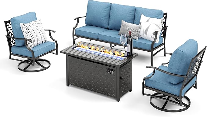 Patio Furniture Set, 4 Pcs Metal Outdoor Conversation Set, 2 Swivel Chairs and 3 Seater Sofa with 5.75" Extra Thick Cushion and Gas Fire Pit Table for Backyard Deck, Navy Blue