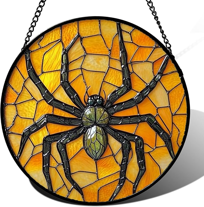 Stained Glass Window Hanging - Halloween Decorations Black Spider Suncatcher for Doors Garden Indoor Spooky Funny Sun Catchers Gothic Decor Horror Gifts for Women Men Friend 7.8 in